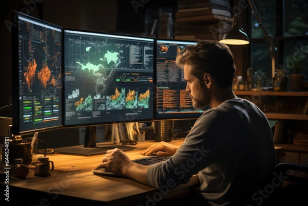 Fototapeta Marketing Strategies. Person analyzing marketing data on a computer, highlighting the importance of analytics in business. Generative Ai.