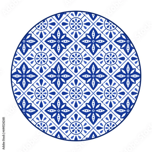 Fototapeta Porcelain plate with traditional blue on white design in Asian style. design pattern for background, plate, dish, bowl, lid, tray, salver, vector illustration art embroidery. geometric flowers.