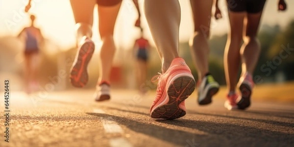 Fototapeta Group of people wearing runner shoes running on the road. Generative AI