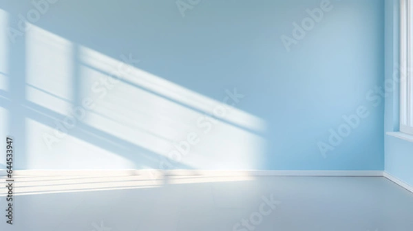 Fototapeta A Blurred Shadows on Pastel blue Wall, Sunlight through Window, white wooden floor, blank space for presentation