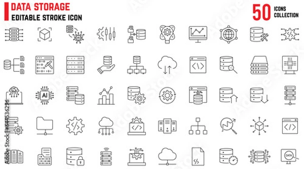Obraz Collection of Data related editable stroke icons, includes data storage, cloud storage data, technology services, server, Data thin line icons