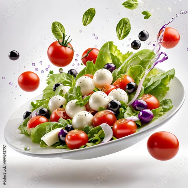 Fototapeta A white plate with salad and floating in the air ingredients: olives, lettuce, onion, tomato, mozzarella cheese, parsley, basil and olive oil. Vegetarian menu. Generative Ai.