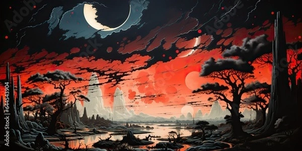 Fototapeta AI Generated. AI Generative. Nature outdoor psychedelic landscape with forest mountins and lake. Unreal future planet adventure vacation. Game or movie concept inspiration