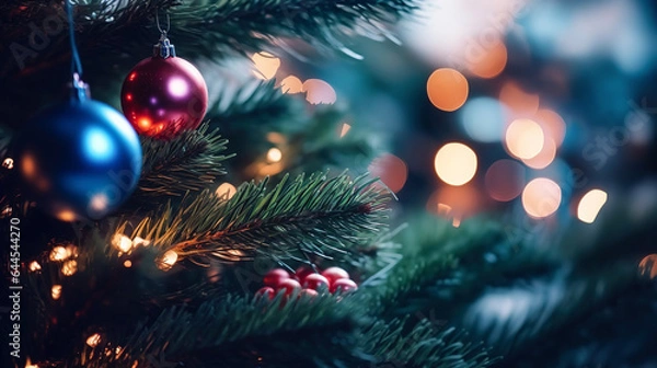 Fototapeta Christmas tree branch decorated with balls on beautiful bokeh background