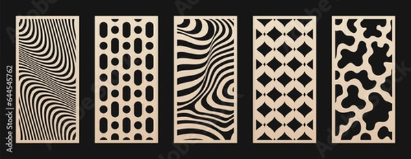Fototapeta Decorative panels for laser cut, CNC cutting. Cutout silhouette with abstract geometric pattern, wavy lines, organic shapes. Modern vector stencil for cutting of wood, metal, plastic. Aspect ratio 1:2