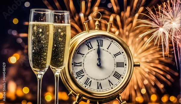 Fototapeta new year celebration with champagne countdown to midnight clock and fireworks, lifestyles concept, generative ai