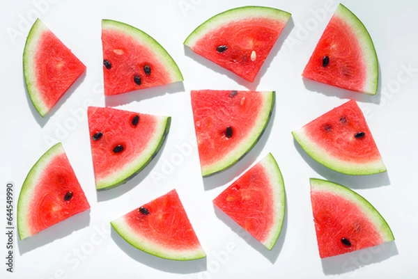 Fototapeta fresh sliced red pieces of watermelon like background, flat lay with hard shadow on white background, creative decoration of summer concept