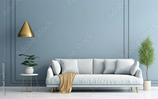 Fototapeta Scandinavian interior of living room concept, light gray sofa with gold lamp on white flooring and blue wall,3d rendering