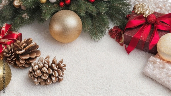 Fototapeta A festive and realistic Christmas-themed image featuring a beautifully decorated Christmas tree and various decorative items set against a white wooden background.