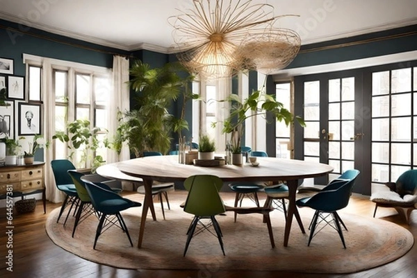 Fototapeta Create an eclectic dining room showcasing a diverse collection of unique decor pieces. 
