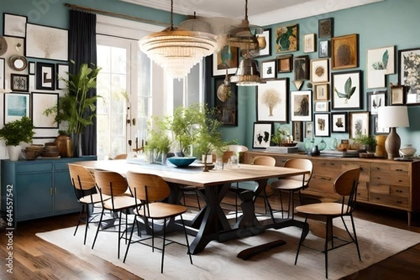 Obraz Create an eclectic dining room showcasing a diverse collection of unique decor pieces. 
