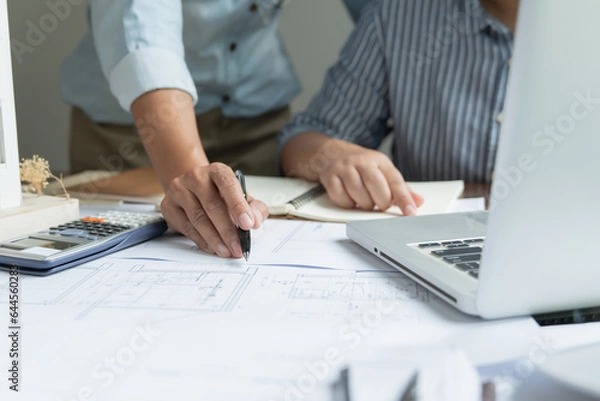 Fototapeta Architecture drawing on architectural Creative project business architecture building construction Industrial engineering Achievement Planning Design on blueprint Teamwork