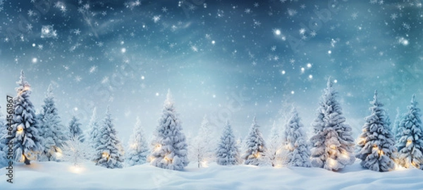 Fototapeta winter blurred background. Xmas tree with snow decorated with garland lights, holiday festive background. Widescreen backdrop