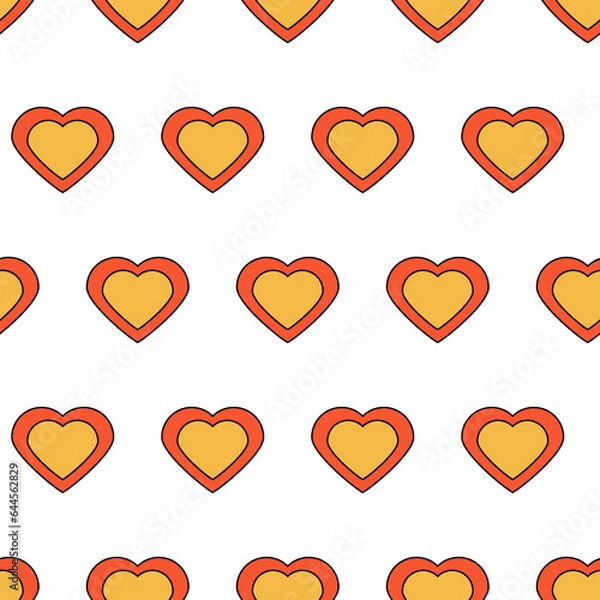 Fototapeta Retro hippie seamless pattern, hearts, vector. Red-yellow hearts on a white background.