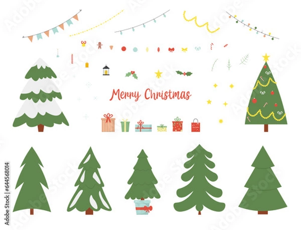 Fototapeta Christmas objects collection. Set with toys, gift boxes, balls, garlands, xmas trees. Vector illustration. Flat style.