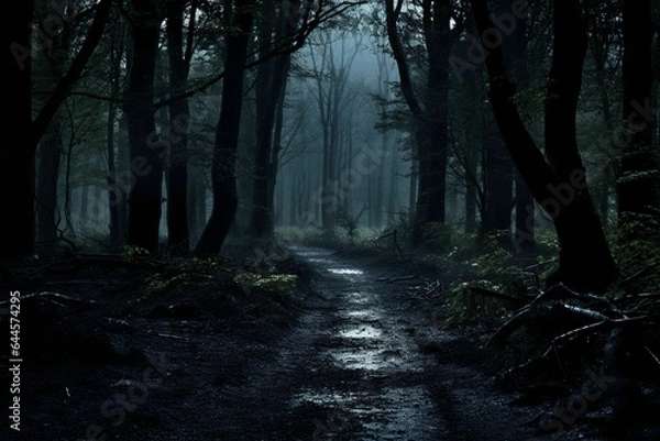 Fototapeta Dark forest at night in moon light.Generative AI