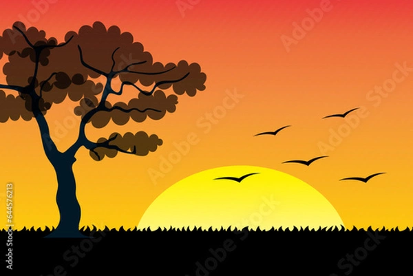 Fototapeta African sunset with birds on the background of the red sun, screensaver for web design. Beautiful trendy drawing with a tree for the cover, summer landscape.