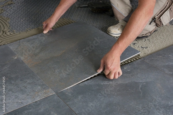 Obraz Fliesenleger verlegt Bodenfliese