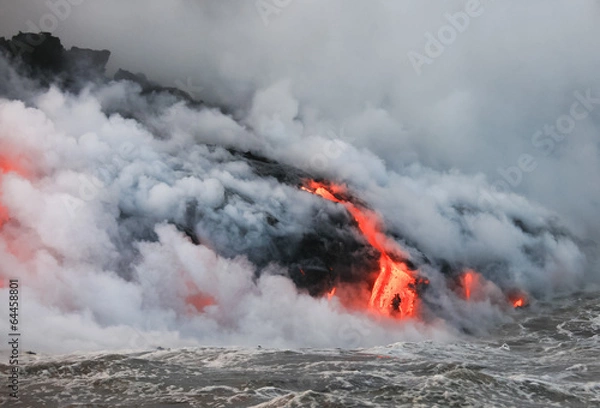 Obraz Red hot lava flowing into Pacific Ocean on Big Island, Hawaii