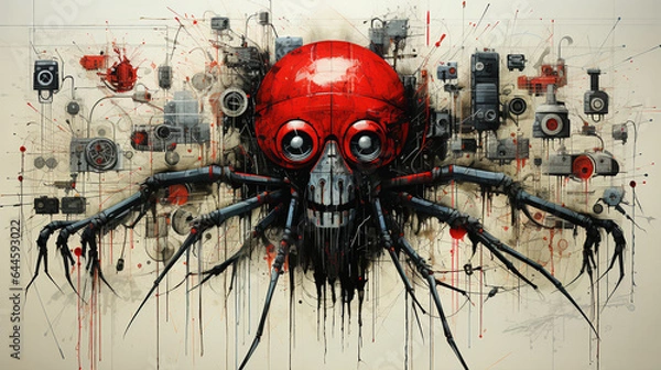 Fototapeta a red skull with black eyes and a spider in the dark