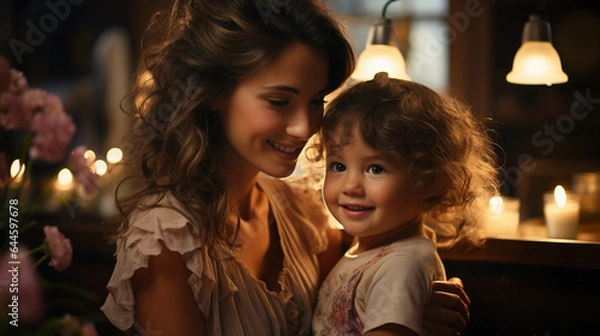 Fototapeta happy mother and daughter in the kitchen