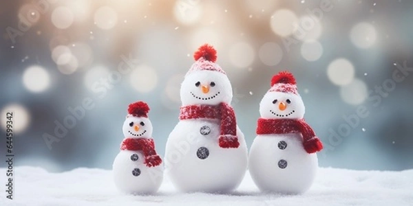 Obraz Adorable and happy snowman family on Christmas snowy background, get together and celebrating holiday seasons, with copy space, idea for greeting cards and posters.