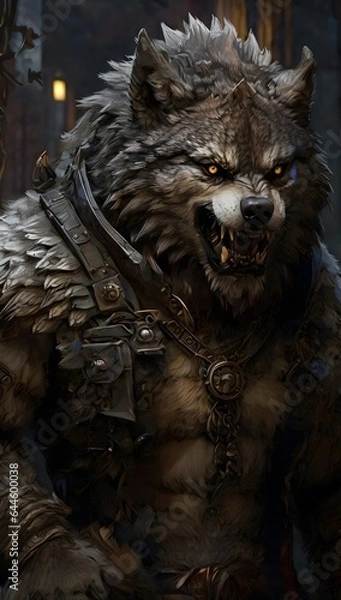 Fototapeta Evil Wolf in Armor Suit Portrait Wolf with Malevolent Expression in Armor Armored Wolf with Sinister Face Background AI Generative