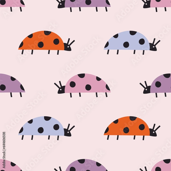 Fototapeta Seamless vector pattern with cute colorful ladybugs on pastel background. Modern design for fabric and paper, surface textures.