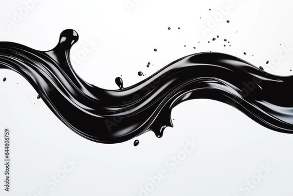 Fototapeta Black color wave splash with splatters and drops on solid color white background.