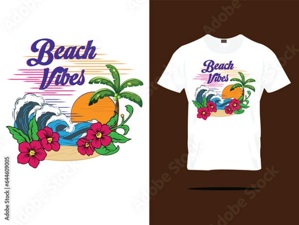 Fototapeta summer beach vibes tshirt with coconut tree and sea illustration