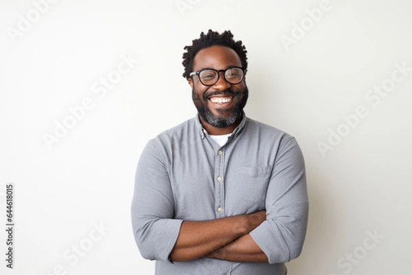 Obraz A joyful portrait of a Black man in glasses against a white backdrop.
