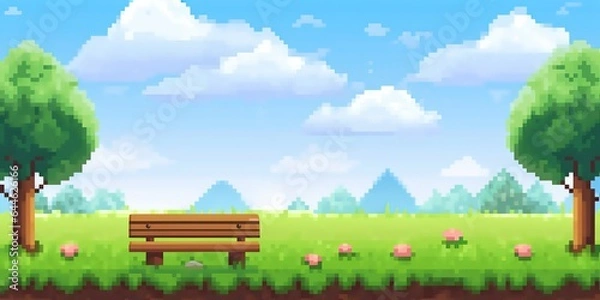 Fototapeta Pixel art arcade game scene with trees, clouds, board, stones, 8bit background. Tree and bush pixel style vector illustration landscape with sky grass and ground. Green plants for 2D game decor.