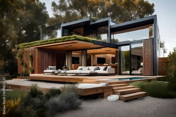 Fototapeta a cutting-edge modern eco-friendly house, an architectural marvel that seamlessly integrates sustainability with contemporary design - AI Generative