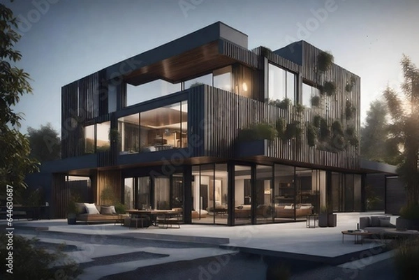 Fototapeta architectural photorealistic rendering of a stylish House boutique and industry - AI Generative