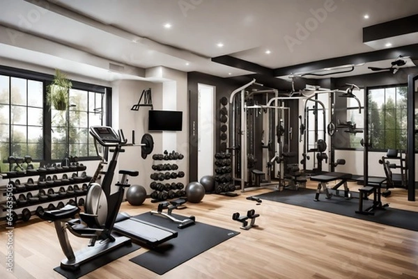 Fototapeta A stylish home gym in a modern residence, equipped with state-of-the-art exercise equipment and motivating decor 