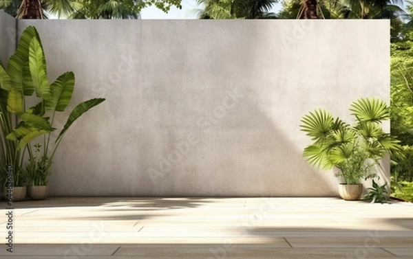 Obraz Empty exterior concrete wall with tropical style garden 3d render, decorate with tropical style tree, sunlight on the wall