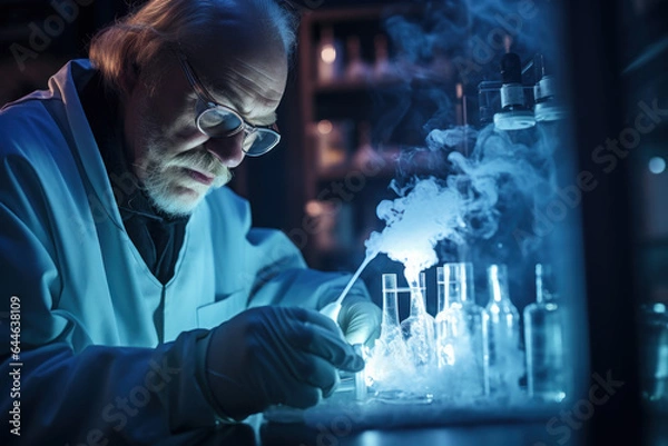 Fototapeta Scientist doing experiment, working with chemical flasks in laboratory