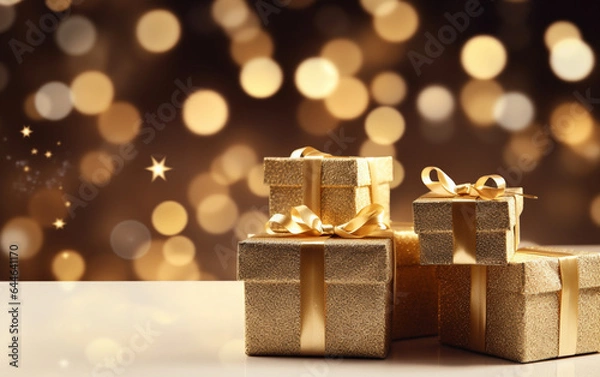 Fototapeta Gold gift boxes and gold glitter particles with bokeh light background
