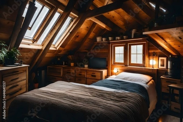 Fototapeta The cozy loft of a tiny home, with a comfy bed and soft, natural light streaming in 