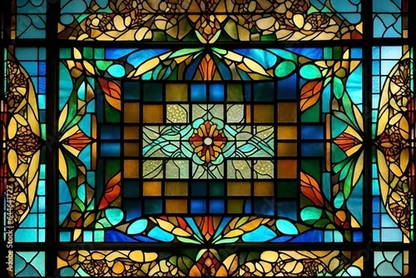 Fototapeta The artistic details of a Craftsman-style window, featuring stained glass and leaded patterns 
