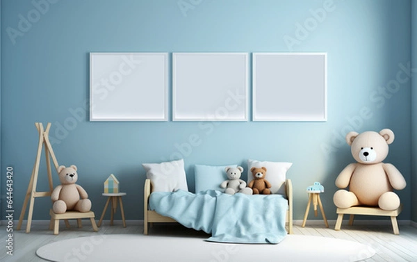 Fototapeta Mock up posters in child room interior, posters on empty blue wall background