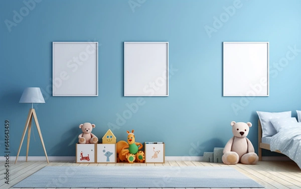 Fototapeta Mock up posters in child room interior, posters on empty blue wall background