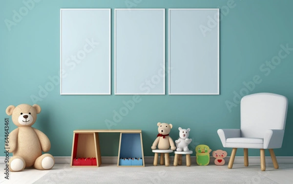Fototapeta Mock up posters in child room interior, posters on empty blue wall background