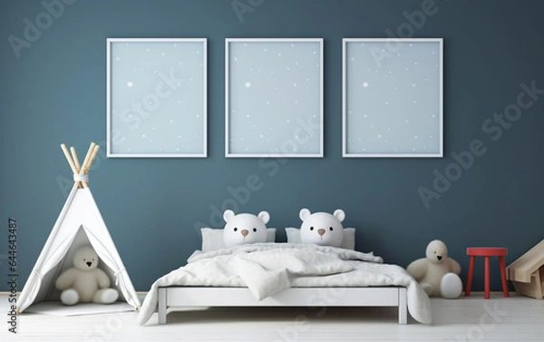 Obraz Mock up posters in child room interior, posters on empty blue wall background