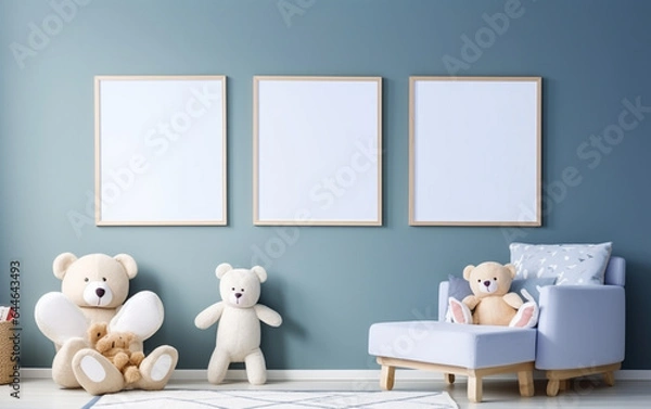 Obraz Mock up posters in child room interior, posters on empty blue wall background