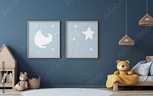 Fototapeta Mock up posters in child room interior, posters on empty blue wall background