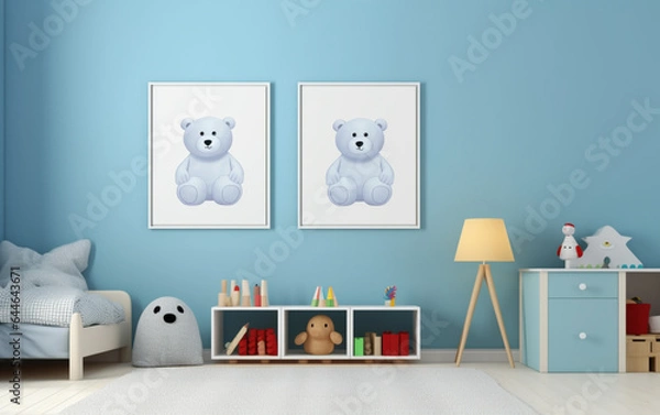 Fototapeta Mock up posters in child room interior, posters on empty blue wall background
