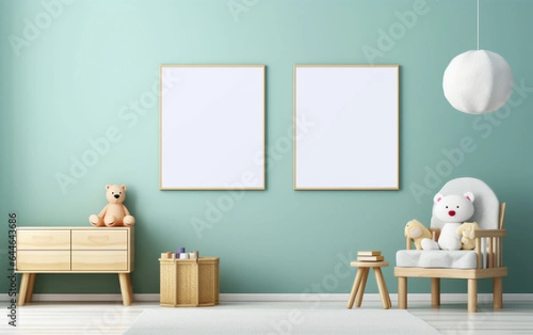 Obraz Mock up posters in child room interior, posters on empty blue wall background