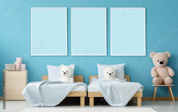 Fototapeta Mock up posters in child room interior, posters on empty blue wall background