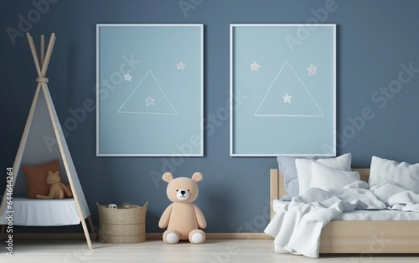 Fototapeta Mock up posters in child room interior, posters on empty blue wall background